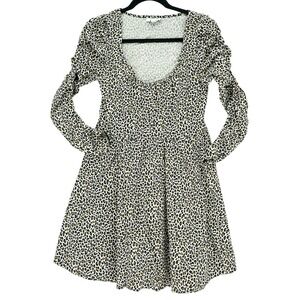 Topshop Leopard Animal Print Ruched Long Sleeve Puffed Shoulder Skater Dress 8